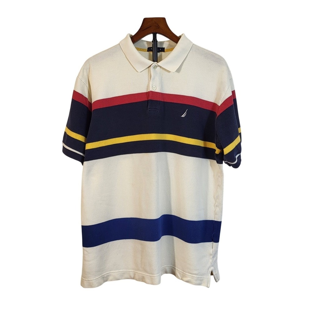 Nautica Mens Striped Pique Polo Shirt Short Sleeve White Navy Red Yellow